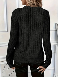 Detailed back view of a slim-fit black ribbed knit sweater with long sleeves