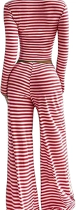 Back view of women's red striped high waist wide leg pants with ribbed texture