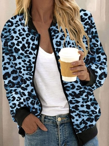 Women's light blue leopard print jacket with black ribbed collar and zipper closure