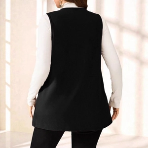 Back view of a long black sleeveless vest suit for women with slim-fit tailoring