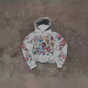 Gray zip-up hoodie featuring religious prints with Jesus, crosses, and street style graphics