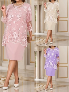 Robe Grandes Tailles en Dentelle Fausse Superposition Élégante Broderie Florale Col Rond Manche au Coude Midi Soirée