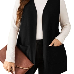 Women's chic black sleeveless vest jacket with deep V-neck and pockets for office wear
