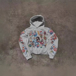 Light gray zip-up hoodie with vintage religious prints and roses on a textured background