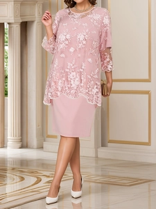 Robe de cocktail grande taille rose poudré en dentelle avec broderies florales chic