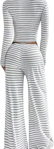 Close-up of the back view showing the knit texture and fit of striped wide-leg trousers