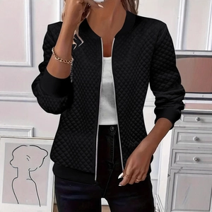 Women's black diamond quilted zip-up jacket with ribbed stand-up collar and cuffs