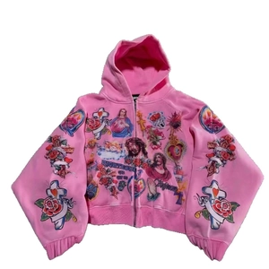 Pink cropped zip-up hoodie with religious gothic prints and Righteous typography