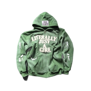 Green Y2K zip-up hoodie featuring white feminine silhouettes and bold graphic letter print