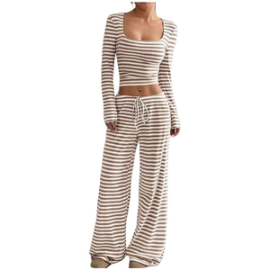 Women striped two-piece lounge set with U-neck long sleeve crop top and wide leg pants