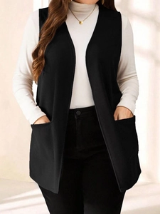 Gilet lungo nero chic con ampie tasche laterali e scollo a V da donna alla moda