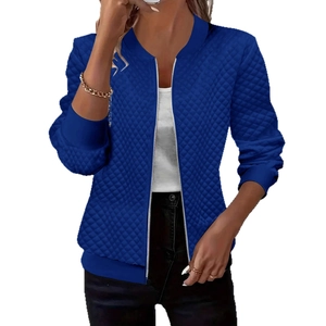 Women's royal blue quilted jacket with diamond patterns and silver front zipper closure