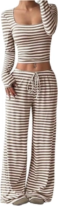 Detail of high waist striped wide-leg trousers and long sleeve top set in rib-knit fabric