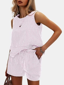 Detail of pink vertical stripes on women's sleeveless round neck top and shorts set