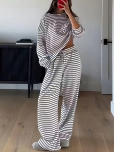 Detail of grey striped knit loungewear set with drawstring waist and wide leg trousers