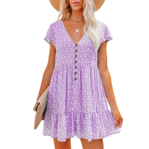 Detail of V-neckline and button front on purple floral print summer dress for women