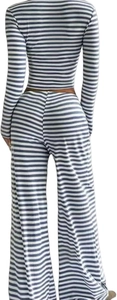 Detail of grey striped long sleeve crop top and high waist wide leg trousers from behind