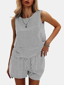 Detail view of summer striped two-piece set featuring sleeveless top and drawstring shorts