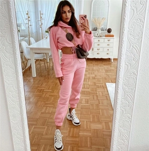 Detailierte Textur von pinkem Crop-Hoodie und High-Waist-Jogginghose an Model