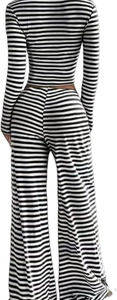 Back view of high waist wide leg trousers and cropped long sleeve top in striped knit