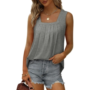 Detail of grey sleeveless square neck top featuring vertical pleated texture and soft fabric