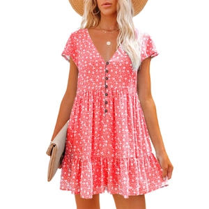 Detail of red floral V-neck dress featuring short sleeves and front button closure