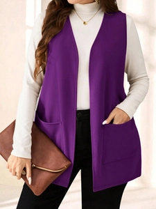 Gilet senza maniche donna viola scuro con apertura frontale e due tasche quadrate dritte