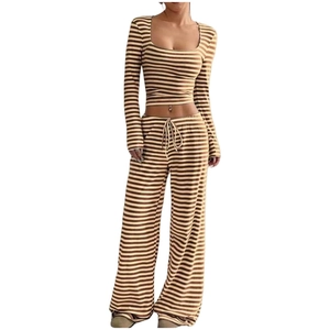 Women's brown striped two-piece set with long sleeve crop top and drawstring wide leg pants