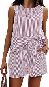 Detail of red vertical striped sleeveless top and matching drawstring shorts set