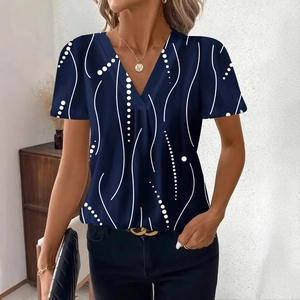Top da donna con scollo a V blu navy con stampa artistica a onde e punti bianchi