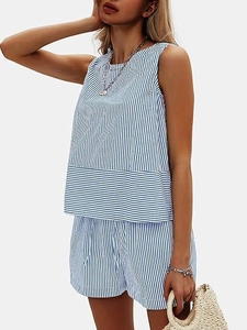 Detail of blue and white striped summer set with sleeveless top and matching shorts