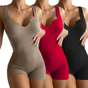 Women's ribbed knit V-neck romper slim fit bodysuit in khaki, red, and black colors