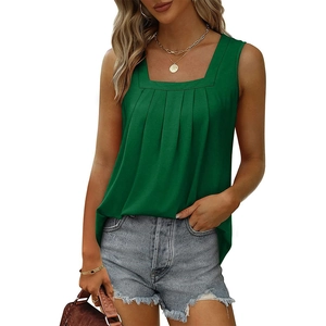 Detail of square neckline and pleated design on a dark green sleeveless tunic top