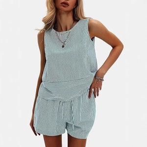 Women Striped Two-Piece Shorts Set Sleeveless Round Neck Patchwork Top And Bottom Casual Summer Vacation Beach Outfit