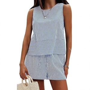 Women's summer two-piece set featuring blue vertical stripes sleeveless top and shorts