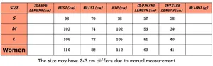 Size chart for women's long sleeve sweatshirt and shorts set with detailed measurements