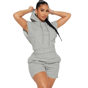 Women's grey casual two-piece lounge set with drawstring hooded vest and sports shorts