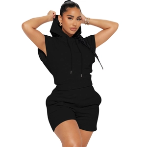 Women's black two-piece sports set with sleeveless hoodie and drawstring shorts