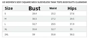 Size chart for sleeveless square neck bodysuit showing measurements from S to 2XL