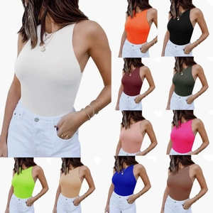 Women's sleeveless halter bodysuit in multiple vibrant colors with slim fit stretch design