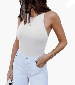 Detail shot of the racerback cut and ribbed texture on this white slim-fit bodysuit