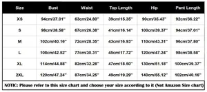 Detailed size chart for women's two-piece set with measurements in cm and inches