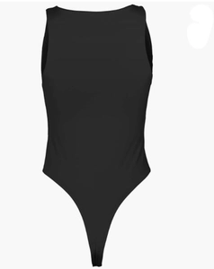 Detail view of the black sleeveless bodysuit back with high-cut design and elastic fabric