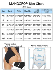 Detailed size chart for women's bodysuit from XS to XXL with measurement guide and specs