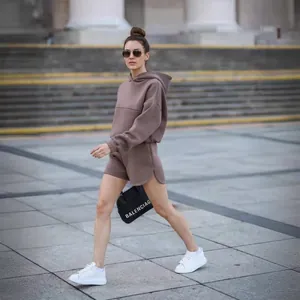 Women's dark mocha long sleeve hoodie and curved hem shorts two-piece lounge set
