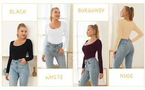 Collage of long sleeve slim bodysuit in black white burgundy and nude shades