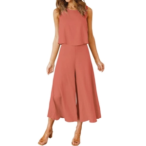 Women's 2-piece summer set with sleeveless round neck top and high-waisted wide-leg pants