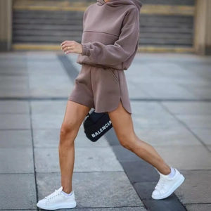 Women's mocha brown long sleeve hoodie and high-waist shorts set in premium cotton fabric