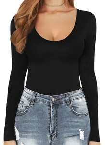 Detail of the high-elastic black bodysuit with deep U-neckline and tight long sleeves