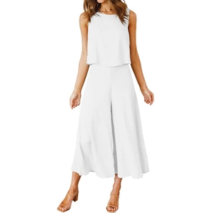 Detail of white two-piece set featuring sleeveless round neck top and wide-leg trousers